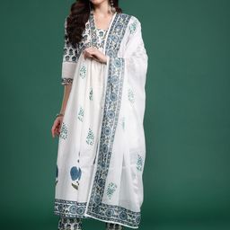 Indo Era Women Floral Printed Empire Pure Cotton Kurta with Trousers & Dupatta-picture-29