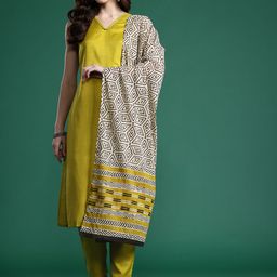 Indo Era Solid Regular Kurta with Trousers & Dupatta-image-37