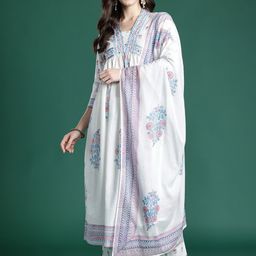 Indo Era Floral Printed Pure Cotton Kurta with Trousers & Dupatta-picture-33
