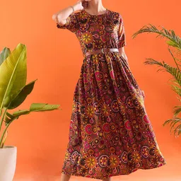 Uptownie Lite Brown Belted Ethnic Motifs Printed Crepe Maxi Dress-image-14