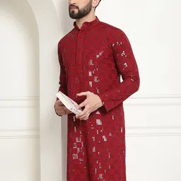 SOJANYA Ethnic Motifs Embroidered Mandarin Collar Sequined Pure Cotton Straight Kurta-46