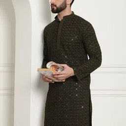 SOJANYA Ethnic Motifs Embroidered Mandarin Collar Sequined Pure Cotton Straight Kurta-image-78