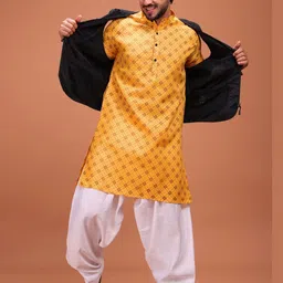 SHIWAM ETHNIX Men Geometric Printed Kurta with Salwar & Jacket-picture-15