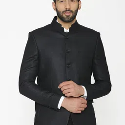 Wintage Men Black Solid Tailored-Fit Linen Bandhgala Blazer-26
