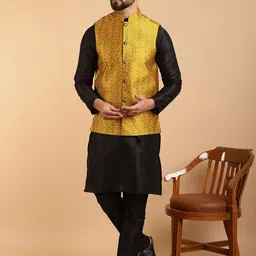 SOJANYA Men Black & Mustard Yellow Kurta with Churidar And Nehru Jacket-picture-24