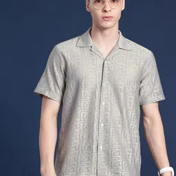 Hancock Men Crocheted Cuban Collar Relaxed Semi Sheer Casual Shirt-image-98