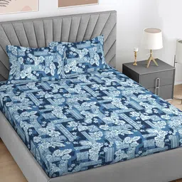 FABINALIV Blue & Off White Floral Printed 300 TC Super King Bedsheet Set 2.7 m x 2.7 m-image-96