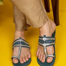 THE MADRAS TRUNK Women Navy Blue Woven Design Leather Open Toe Flats-9