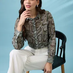 Globus Cuffed Sleeves Animal Print Georgette Workwear Shirt-image-0