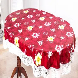 CASA-NEST Red Floral Printed Waterproof Oval 6-Seater Table Cover-30