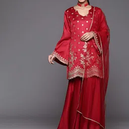 Inddus Women Maroon Floral Embroidered Kurta with Sharara & With Dupatta-picture-37