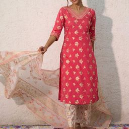 AURELIA Floral Printed Regular Pure Cotton V-Neck Straight Kurta with Palazzos & Dupatta-17