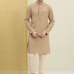 House of Pataudi Men Beige Embroidered Straight Kurta-picture-19