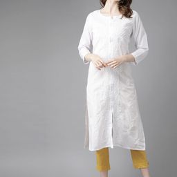 ADA Women White Ethnic Motifs Embroidered Pure Cotton Chikankari Kurta-35