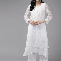 ADA Women Ethnic Motifs Embroidered Chikankari Floral Kurta With Slip-image-24