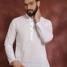 SOJANYA Men White Floral Floral Chikankari Cotton Straight Kurta-image-90