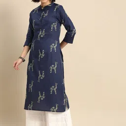 Anouk Women Navy Blue & Yellow Printed Pure Cotton Straight Kurta-image-7
