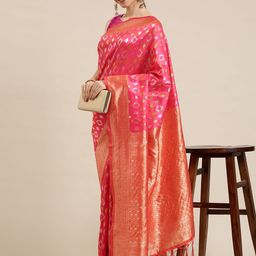 Mitera Pink & Peach-Coloured Zari Silk Blend Kanjeevaram Saree-image-73