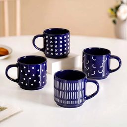 Nestasia Navy Blue 4 Pieces Ethnic Motifs Printed Ceramic Dishwasher Safe Cups 220 Ml-44