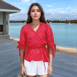 Stylecast X Hersheinbox Floral Print Tie-Up Detail Wrap-Style Peplum Top-image-14