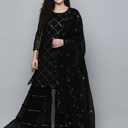 Kvsfab Women Black Sequin Embroidered Kurti with Sharara & Dupatta-picture-27