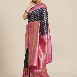 Silk Land Navy Blue & Pink Paisley Zari Art Silk Banarasi Saree-picture-27