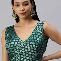 flaher Women Teal Green & Golden Floral Woven Design Jacquard Padded Blouse-image-79