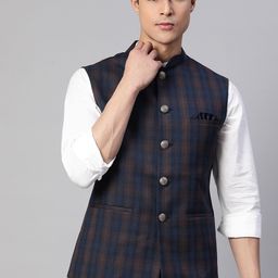 ESSAS club Men Checked Nehru Jacket with Pocket Square-3
