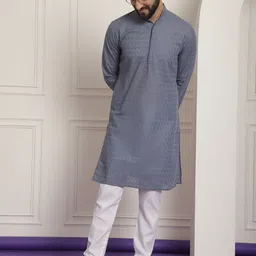 SOJANYA Geometric Embroidered Regular Thread Work Pure Cotton Kurta With Churidar-image-3