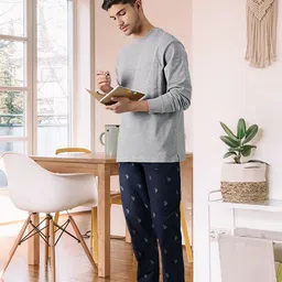U.S. Polo Assn. Men Navy Blue & Grey Brand Logo Print Pure Cotton Lounge Pants-image-30