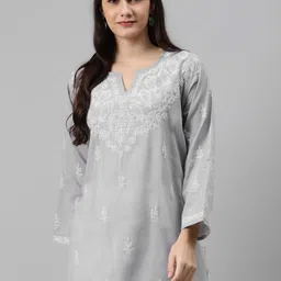 ADA Women Grey & White Chikankari Hand-Embroidered Pure Cotton Kurti-20