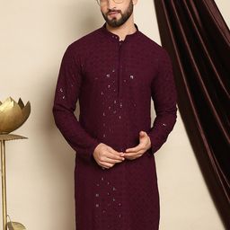 Anouk Maroon Embroidered Sequined Mandarin Collar Pure Cotton Kurta-24
