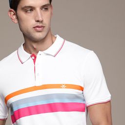 WROGN Men Multi Or Variegated Stripes Polo Collar Pure Cotton Slim Fit T-shirt-picture-0