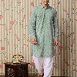 Ode by House of Pataudi Geometric Printed Pathani Pure Cotton Kurta with Salwar-image-46