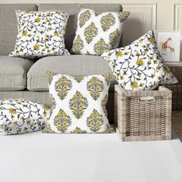 Trance Home Linen Yellow & White Set of 5 Floral Square Cushion Covers-17