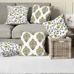 Trance Home Linen Yellow & White Set of 5 Floral Square Cushion Covers-18