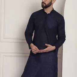 SOJANYA Men Navy Blue Pure Cotton Geometric Embroidered Kurta-image-52