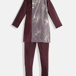 Ethnovog Boys Maroon  Grey Made To Measure Sequined Kurta with Pyjamas-15