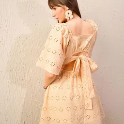 SASSAFRAS Beige Self Design Schiffli Square Neck Flared Sleeve Pure Cotton A-Line Dress-image-73