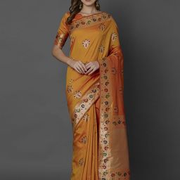 Mitera Orange Silk Blend Woven Design Kanjeevaram Saree-image-16