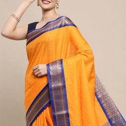 KALINI Orange & Navy Blue Checked Zari Silk Cotton Saree-image-58