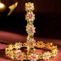 Rubans Set of 2 22K Gold-Plated Ruby Pink & Emerald Green Stone Handcrafted Bangles-18