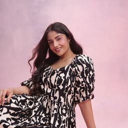 DressBerry Curve Print Puff Sleeve Fit & Flare Midi Dress-image-40