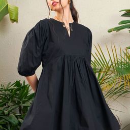 SASSAFRAS Black Puff Sleeve Pure Cotton Fit & Flare Dress-image-56