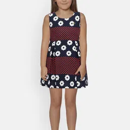 Peppermint Girls Navy Blue & Red Printed Fit & Flare Dress-image-85