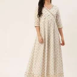 HERE&NOW Off White Cotton Ethnic Motifs Ethnic Maxi Ethnic Dress-image-26