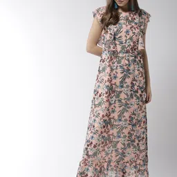 StyleStone Women Peach-Coloured & Green Printed Maxi Dress-image-80