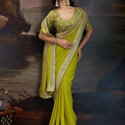 House of Pataudi Printed Sequinned Bandhani Pure Georgette Saree With Matching Blouse-picture-4