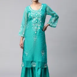 SHADES Women Teal Green Ethnic Motifs Embroidered Chikankari Kurta-image-1