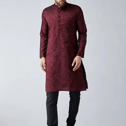 SOJANYA Men Maroon & Black Self Design Kurta with Churidar-image-25